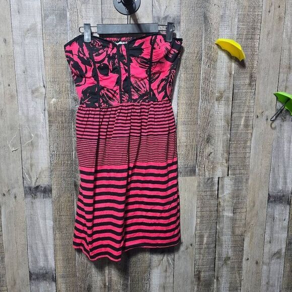 Vanity Vintage Y2K Hot Pink and Black Floral Stripe Mini Strapless Dress - Picture 1 of 4